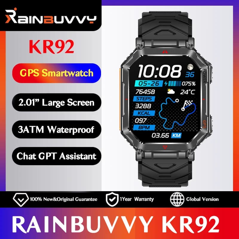 Rainbuvvy KR92 GPS Sport Smart Watch 2.01 ''Schermo AMOLED 5ATM Orologio da polso impermeabile 450mAh Batteria Pressione di elevazione Bussola