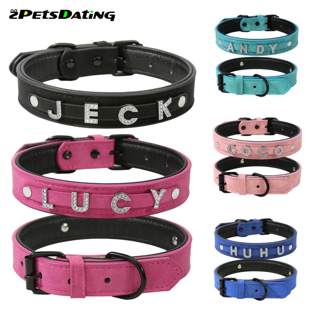Collare per cani personalizzato in similpelle PVC imbottito con ciondoli personalizzabili con nome, collare con strass brillanti per cani di taglia piccola e media