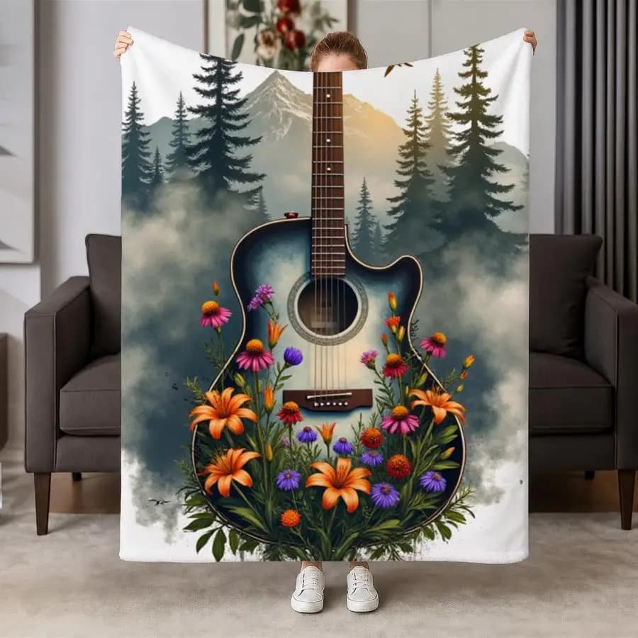 Artistic Guitar And Forest Double Exposure Flannel Throw - Soft Warm Blanket with Mountain, Pine, And Wildflower Design for Couch, Bed, Office & Travel, Perfect Gift for Music Lovers, 2D Flat Weighted Blanket 280GS