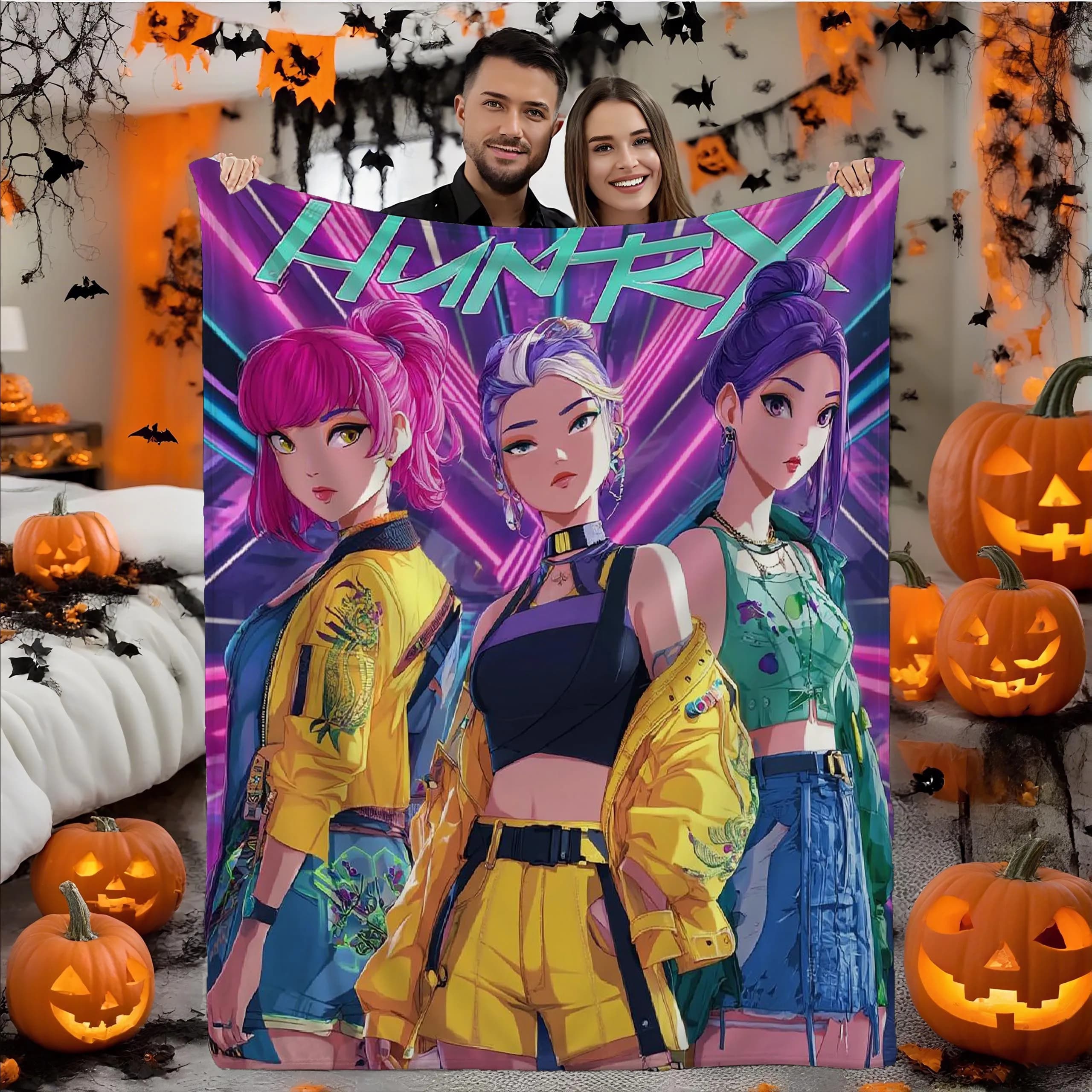 1PC Coperta in peluche Anime Kpop Neon, morbido plaid in flanella con chiusura a cerniera, poliestere lavabile in lavatrice per tutte le stagioni, tema K-Pop