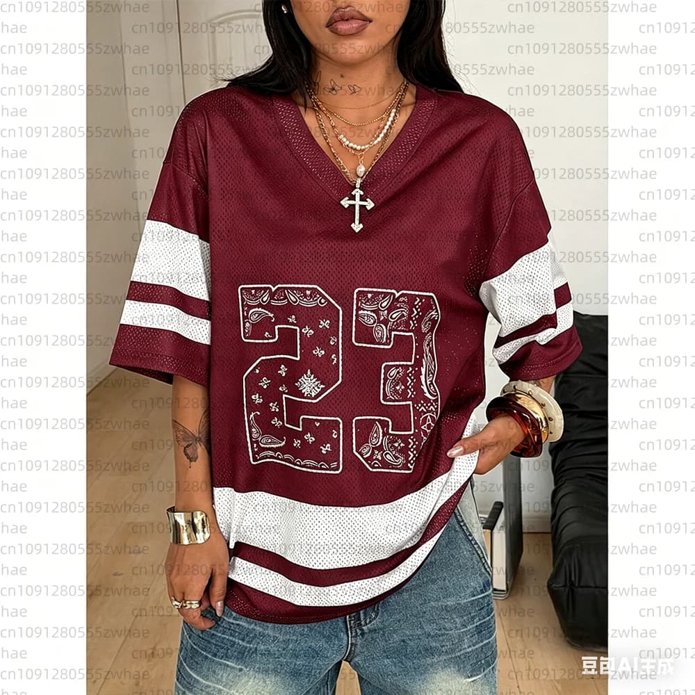 Nuova T-shirt da donna 2026 con stampa lettera NO.23, maglia sportiva estiva da basket, abbigliamento in mesh Y2K da donna