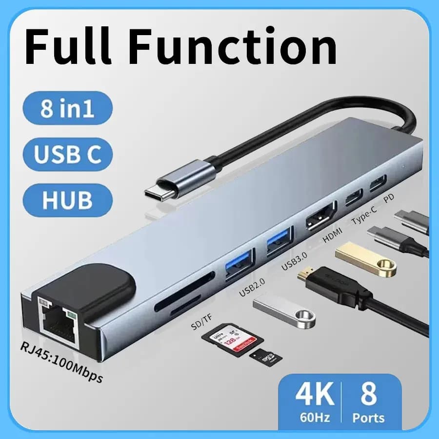 Adattatore USB C HUB 8 in 1 tipo C con 4K HDMI 87W PD Docking station USB RJ45 per MacBook Air iPad Pro RJ45 HDMI Computer portatile