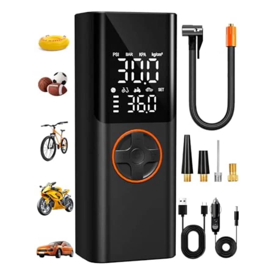 Compressore d'aria portatile per gonfiaggio pneumatici 150PSI, pompa per pneumatici senza fili con uscita USB, presa auto 12V DC e doppia alimentazione 6000mAh a ricarica rapida