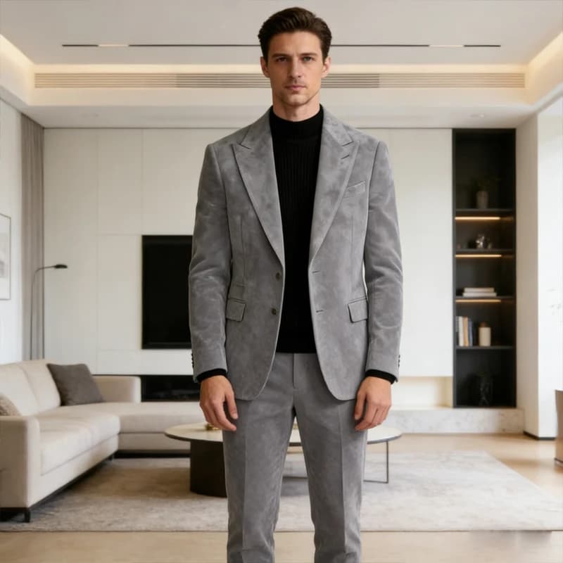 Completo da uomo vintage in camoscio, slim fit, 2 pezzi, con blazer formale a revers a punta e pantaloni, ideale per feste ed eventi aziendali