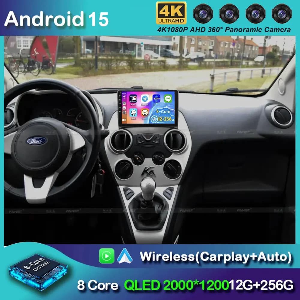 Autoradio Android 15 for Ford Ka 2008-2014 with GPS Navigation, Android Auto, Carplay, WiFi, Monitor Stereo Display Without 2DIN
