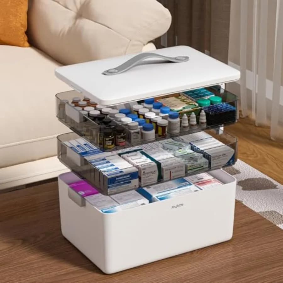 3-Tier Medicine Storage Box Cabinet, Empty First Aid Kit Portable Medical Supply Organizer with Leather Handle for Home 3-Tier