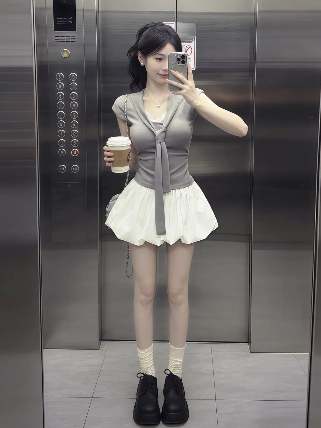 White Puff Short Skirt Set Women's Summer 2026 Miu Style Casual Breathable High Waist Two-Piece Suit V-Neck Short Sleeve
