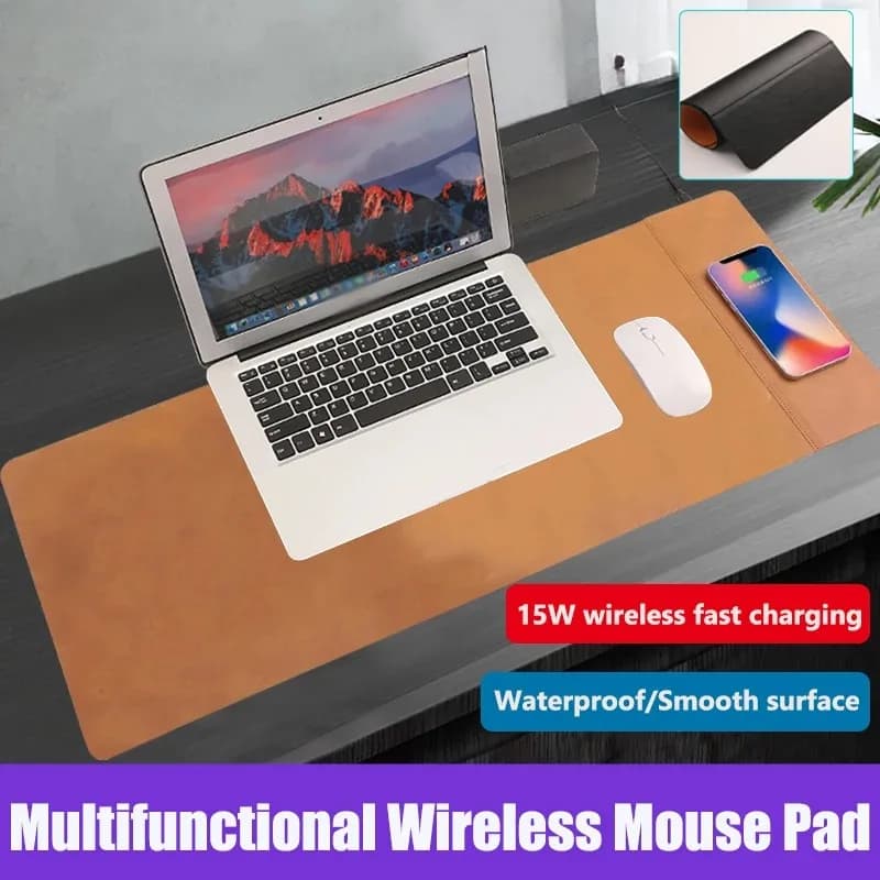 Tappetino Mouse in PU con Ricarica Wireless, Grande, Antiscivolo, Impermeabile, per Gaming, Scrivania PC, Computer e Laptop