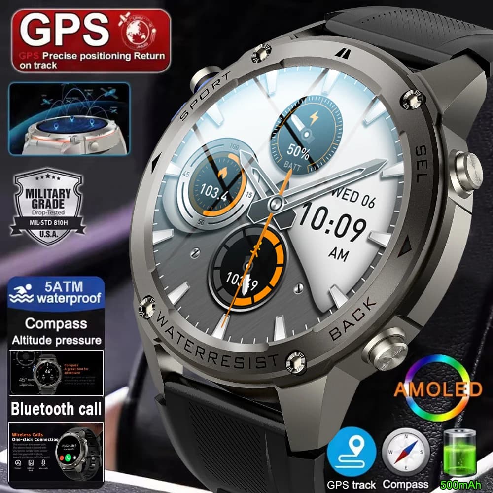 Smartwatch Militare GPS per Esterni con Schermo AMOLED da 1,43", Bussola, Barometro, Altimetro, Impermeabile 5ATM, Chiamate Wireless, Orologio Sportivo