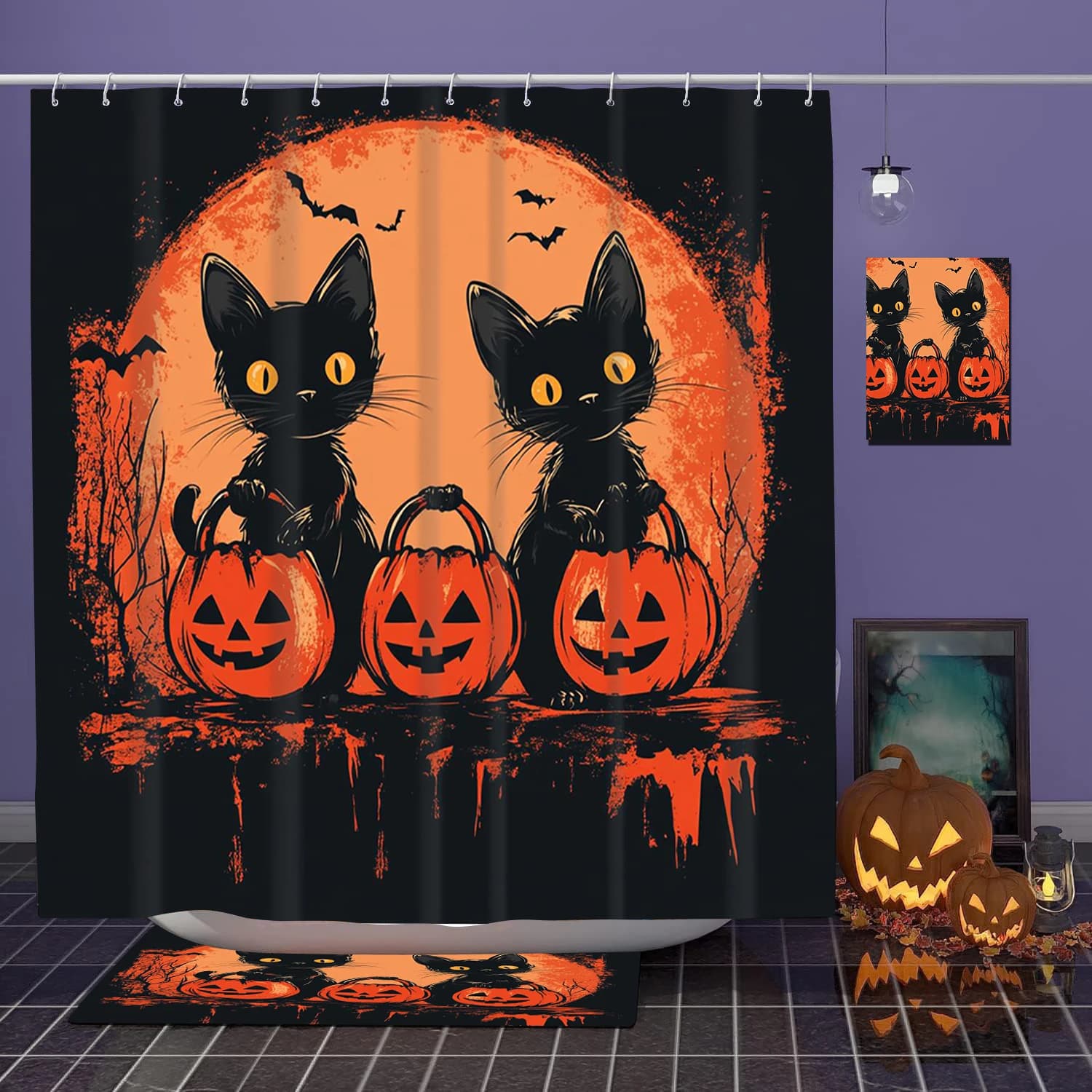 Tenda da doccia per bagno con motivo gatti di Halloween 2025 con 12 ganci Decorazioni e accessori per il bagno di casa
