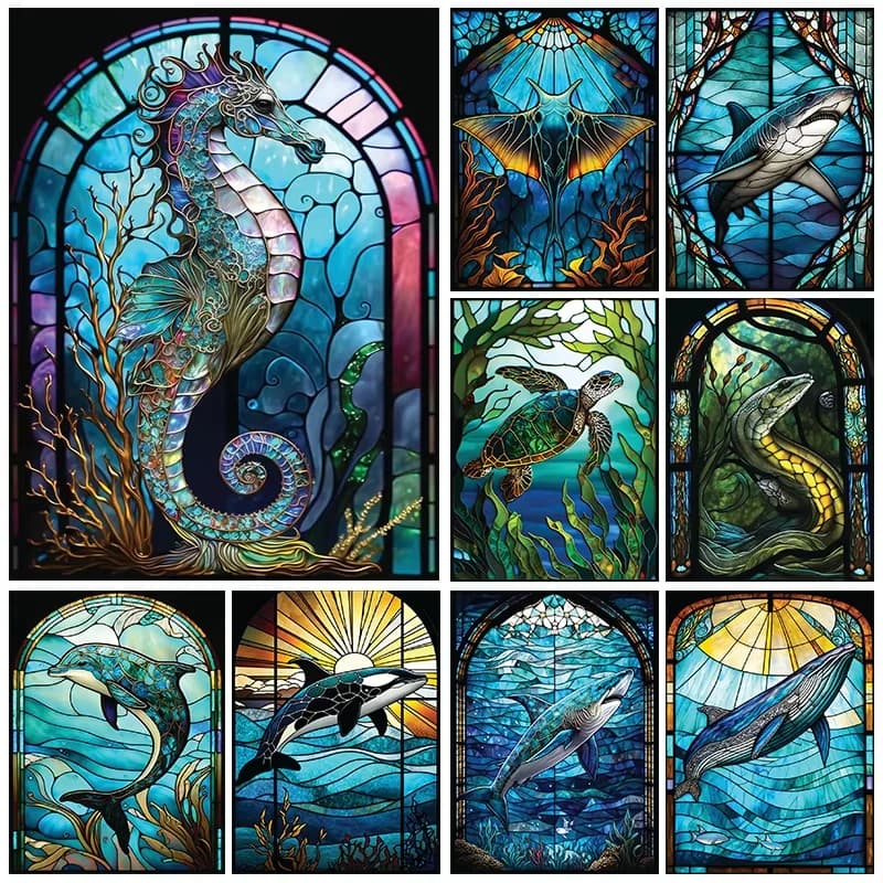 5D DIY Diamond Painting Kit Modern Stained Glass Marine Animals Art Full Drill Rhinestone Mosaic Wall Decor Craft Kit Home Gift