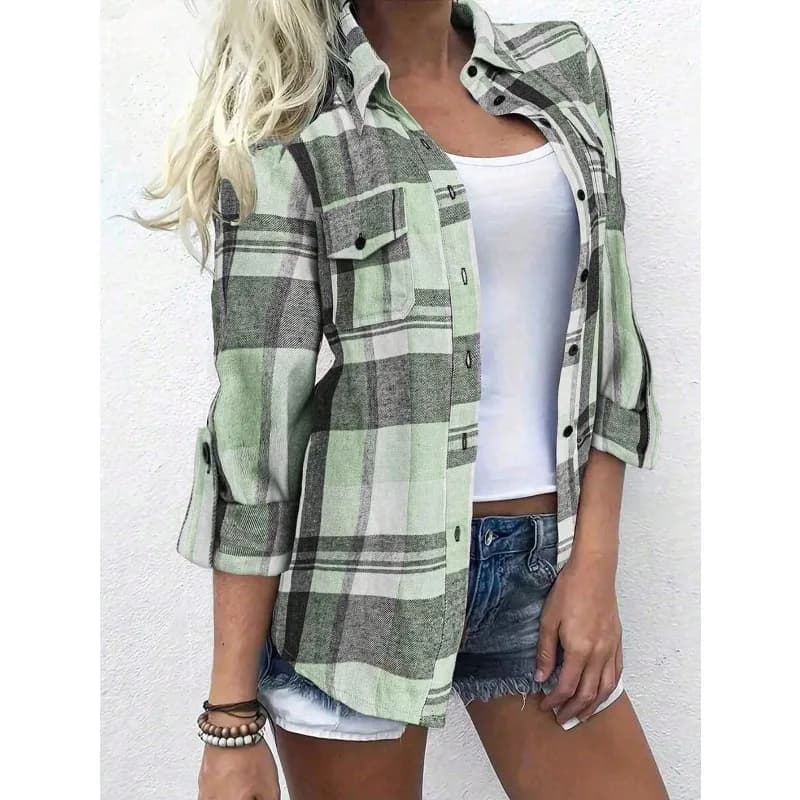 Camicia stampata scozzese alla moda da donna nuova taglie forti Camicia casual ampia a maniche lunghe con design a bavero Top