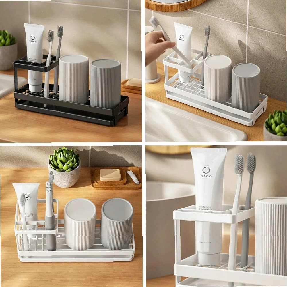 1PC Multifunction Steel Frame Toothbrush & Toothpaste Holder, Mouthwash Cup Storage Rack, Bathroom Counter Organizer Shelf
