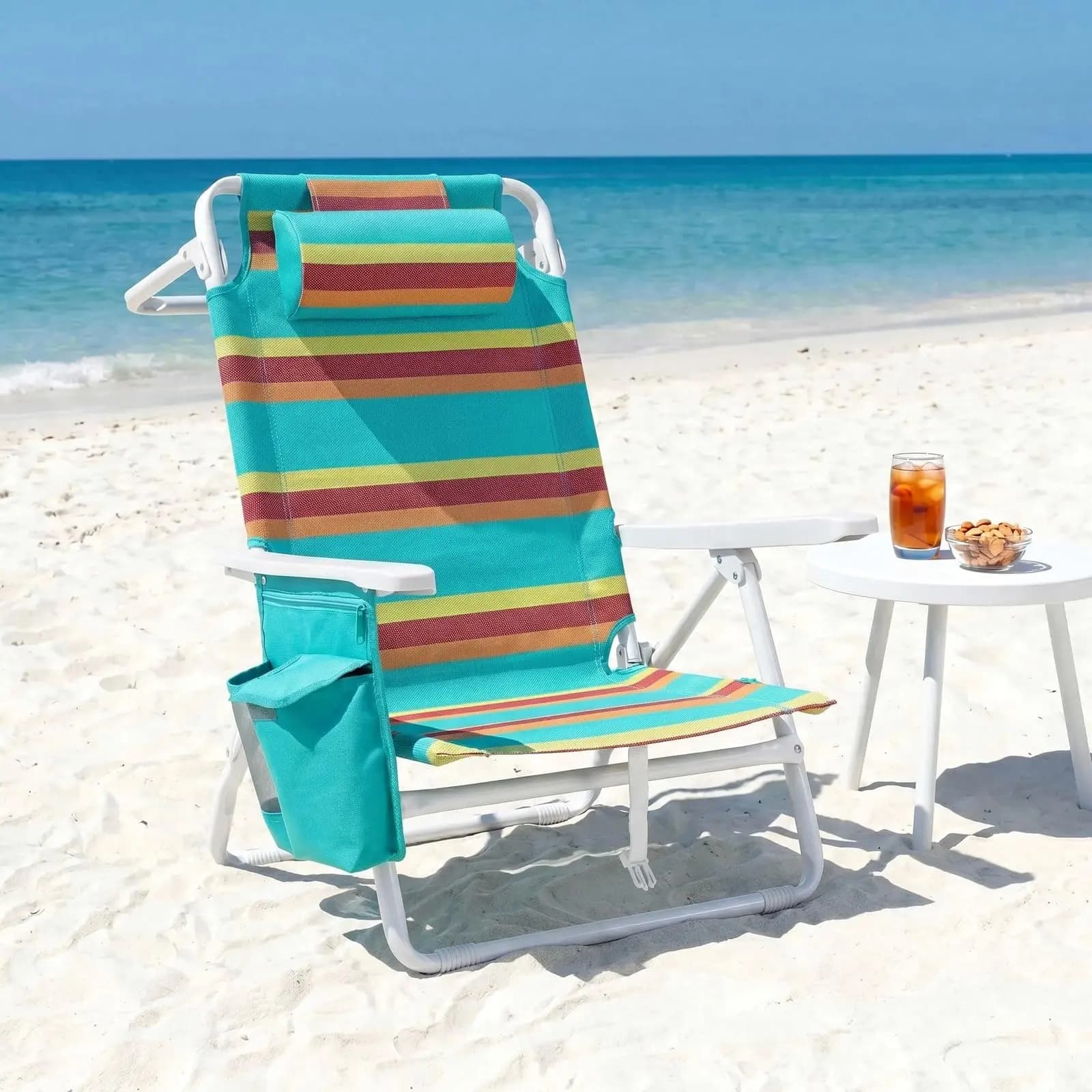 Folding Backpack Beach Chair for Adults with 5-Position Lay Flat with Cooler Pouch, Storage Bag, Towel Bar, Foot Mat, Strap, for Camping
