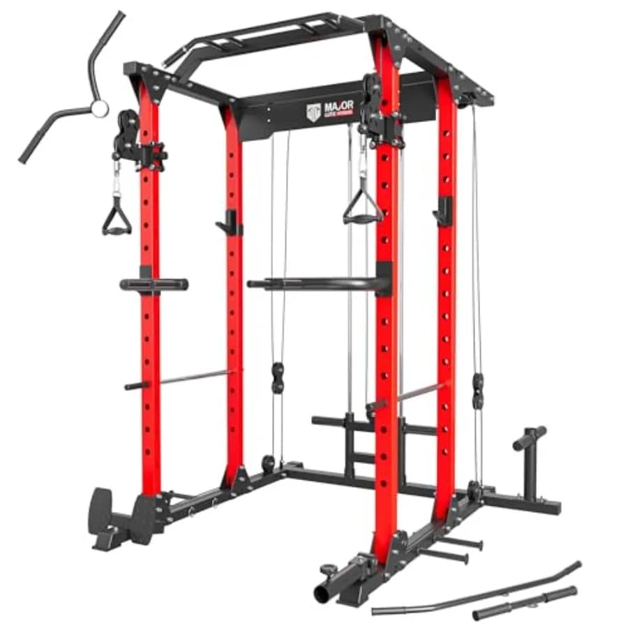 PLM03 Power Rack 1400LBS for Home Gym with Cable Crossover, Black Steel Traction and Landmine Bar - Strength Training Equipment