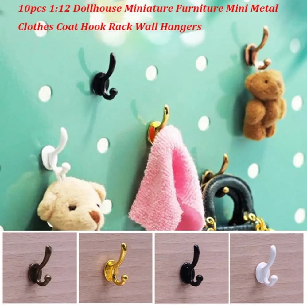 10pcs Mini Metal Dollhouse Miniature Furniture Hook 1:12 14*14mm Clothes Coat Hook Rack 4 Colors Wall Hangers Modle Toy
