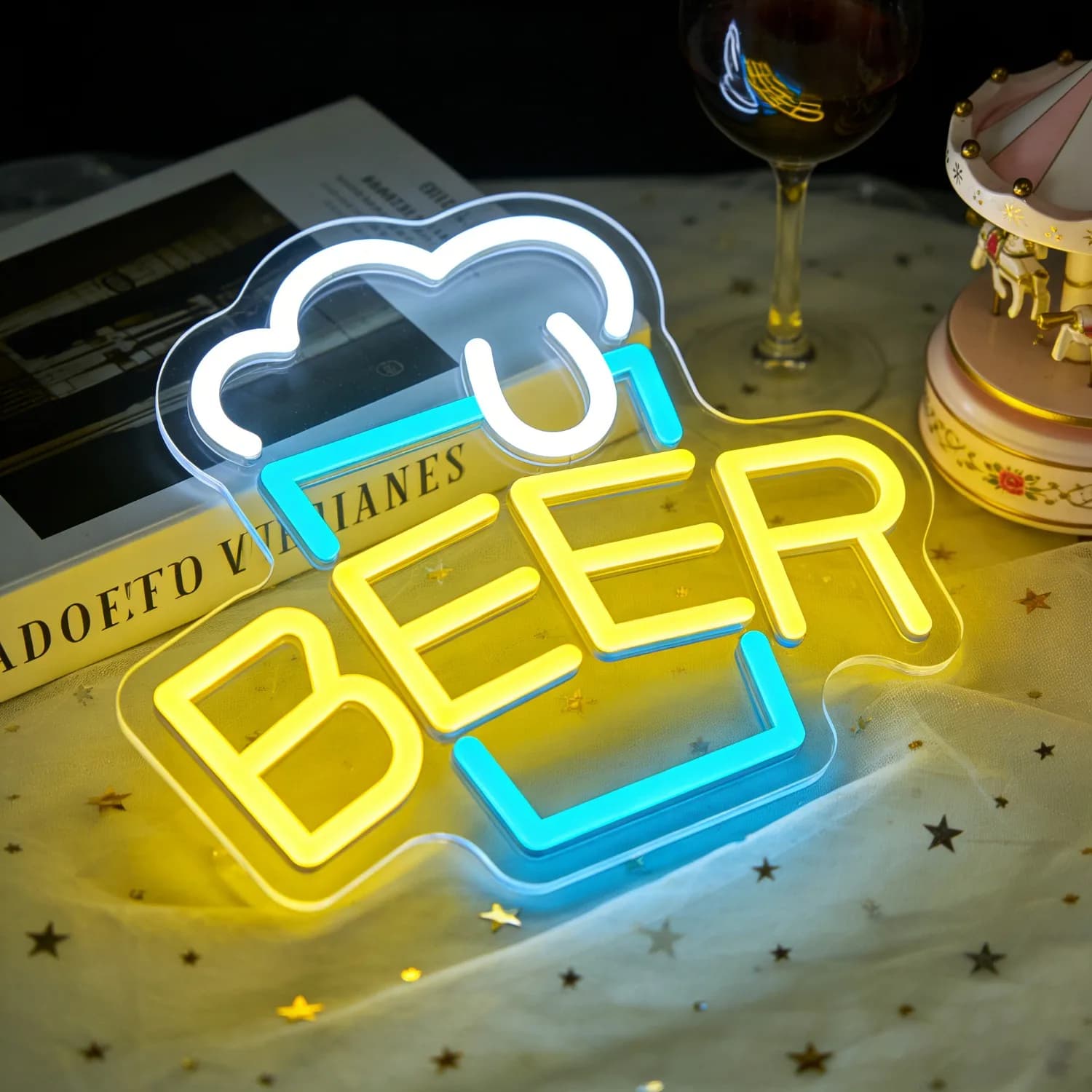 Insegna al Neon LED a Forma di Boccale di Birra con Scritta BEER per Decorazione Casa, Bar, Feste, Matrimoni, Crea un'Atmosfera Romantica, Regalo Luminoso