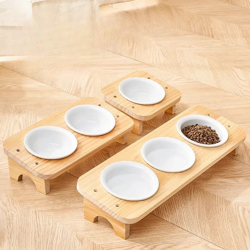 Triplo ciotola in ceramica per animali domestici, supporto in legno massello, multi gatto, protezione anti-fuoriuscita del collo, cibo, piatto d'acqua, set di alimentazione per cani e gatti