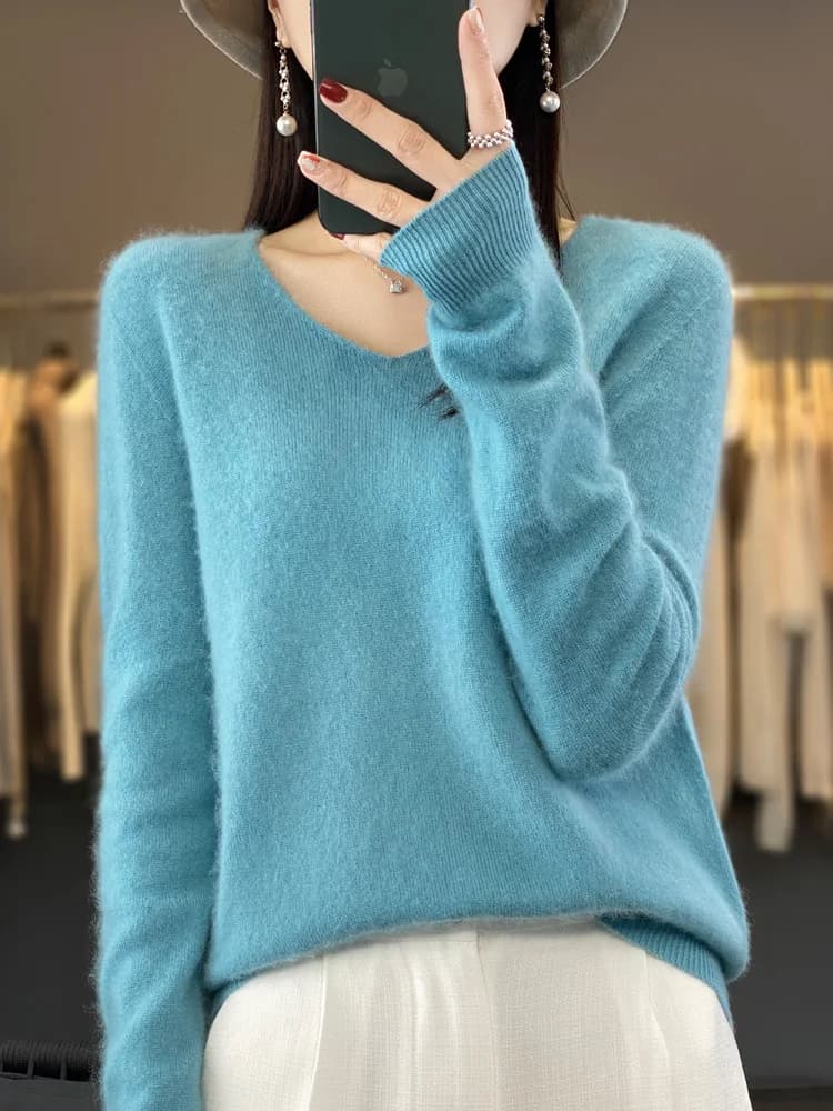 2024 delle nuove donne di base maglione pullover con scollo a V 100% lana merino manica lunga autunno inverno abbigliamento femminile top