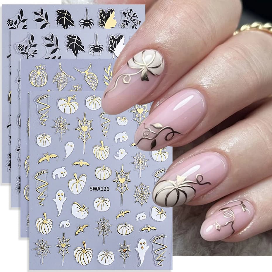 4 pezzi adesivi per unghie Halloween 3D metallo amore ragnatela fantasma zucca foglia d'acero autoadesivi decalcomanie per unghie decorazione manicure fai da te