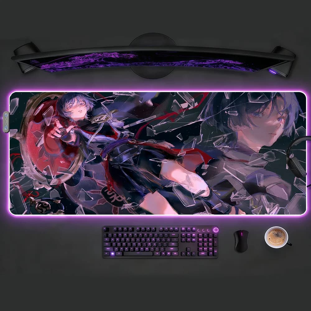 Tappetino per mouse da gaming, tappetino da scrivania grande, base antiscivolo, bordi cuciti, motivo anime ragazzo in stile dark, tappetino esteso per tastiera