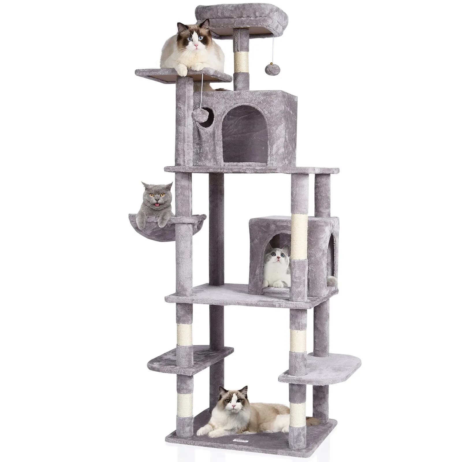 Albero per gatti da interno, torre per gatti da 174 cm con 2 cucce, tiragraffi in sisal, amaca, piattaforma superiore, piattaforme per saltare