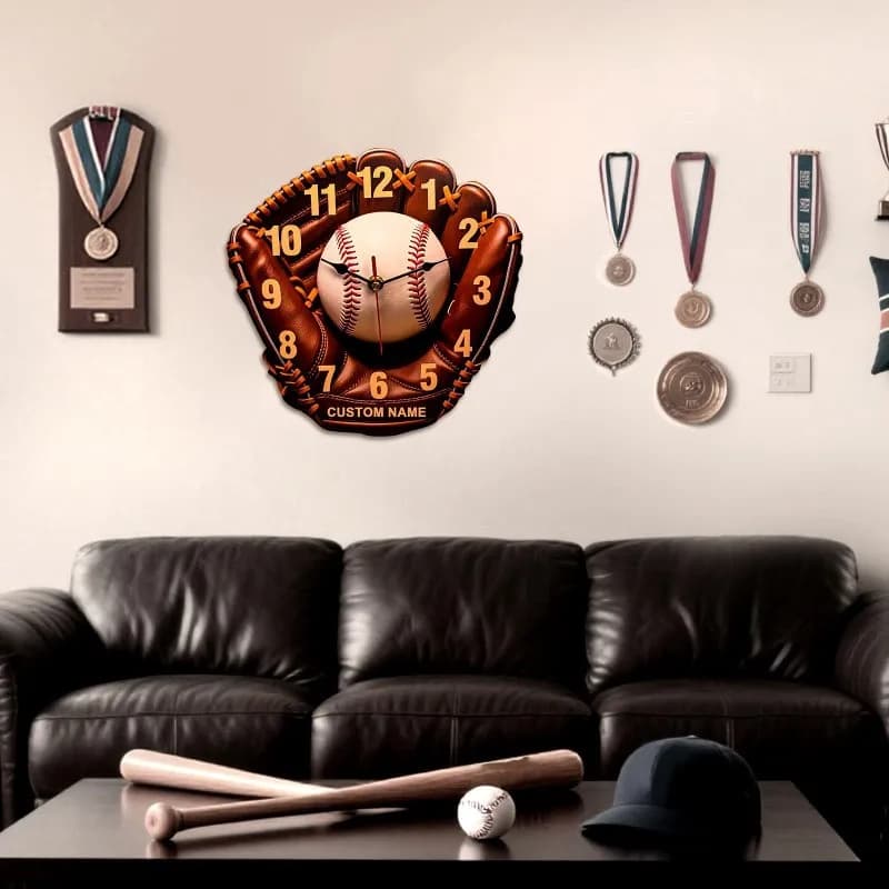 ABLK wall clock shaped as a baseball glove - Wooden decoration for the house, ideal for various occasions and as a gift, without battery