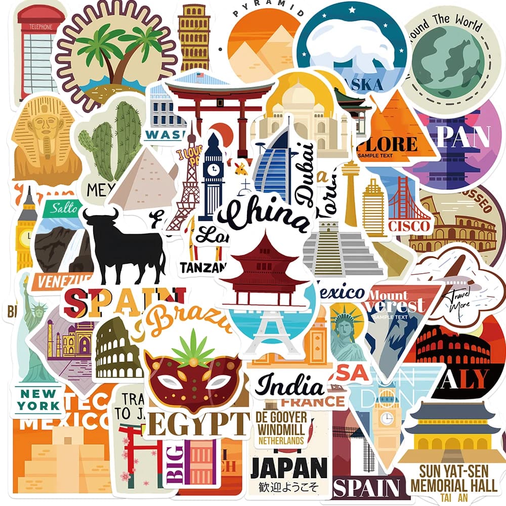 50Pcs World Landscape Country City Vinyl Waterproof Stickers for Water Bottle Laptop Skateboard Scrapbook Bag Toy for Kids