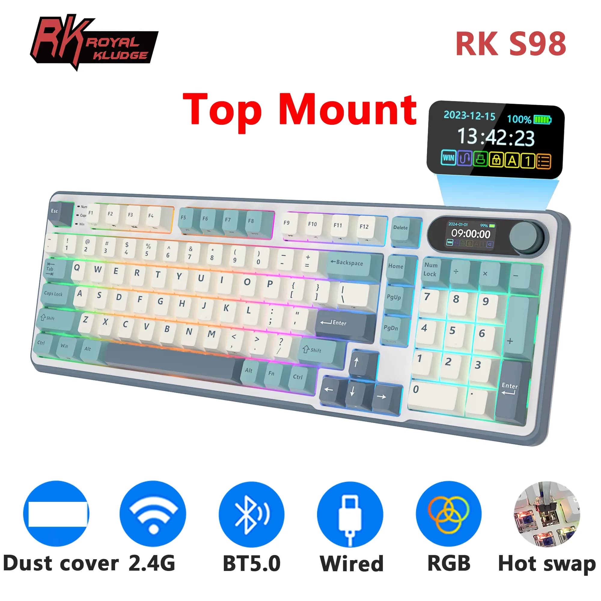 Tastiera Meccanica RK ROYAL KLUDGE S98 con Schermo TFT Integrato, 98 Tasti RGB, BT5.0/2.4G/USB-C, Wireless per Gamer, Hot Swappable