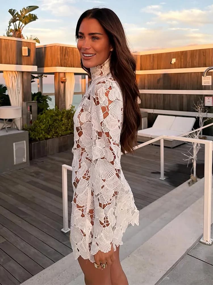2026 Summer Autumn Elegant Crochet Hollow-out Mini Dress Women Beach Stand Collar Full Flare Sleeve Party Evening Dresses New