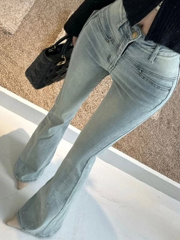 Jeans a Zampa d'Elefante a Vita Alta da Donna, Primaverili, Slim Fit, Elasticizzati, in Denim di Cotone, Blu, con Chiusura a Bottoni