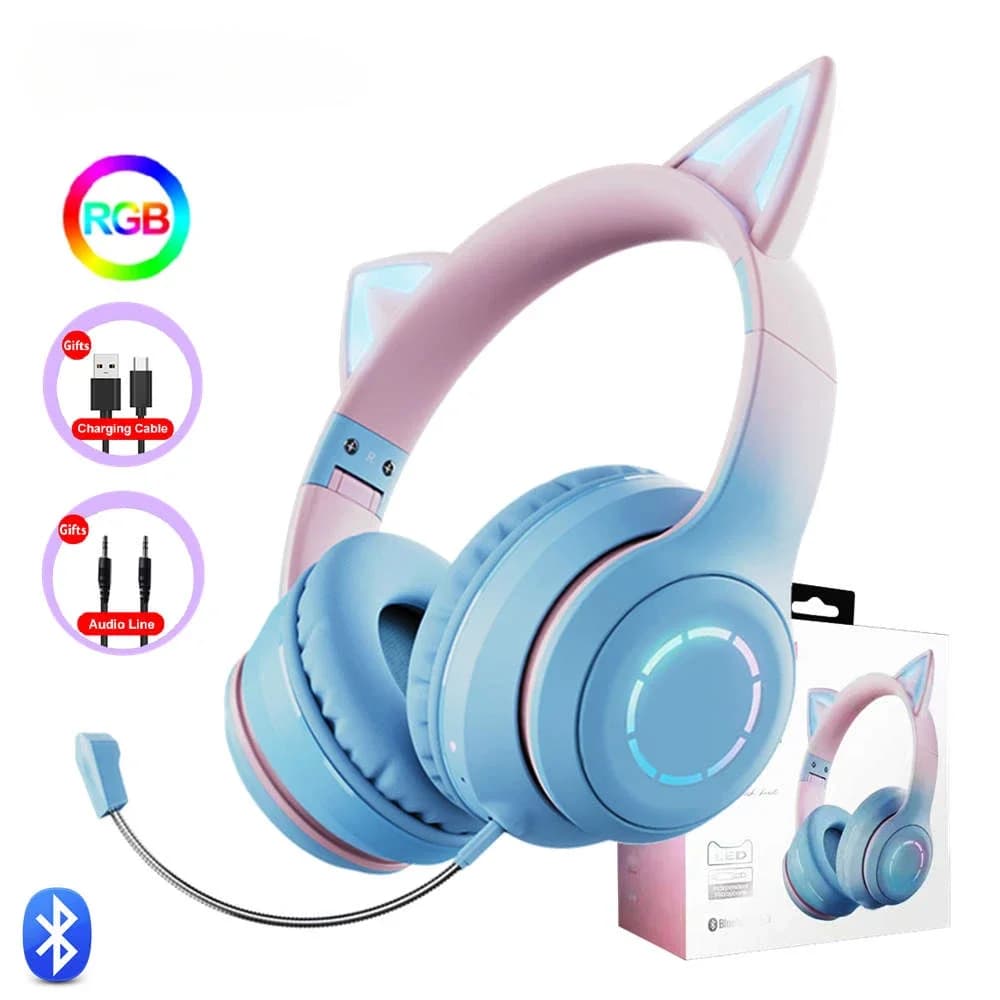 New Best Selling RGB Head-mounted Bluetooth Headphone Gradient Color Led Luminous Cat Ears Wireless Headset Cute Girl Earphone