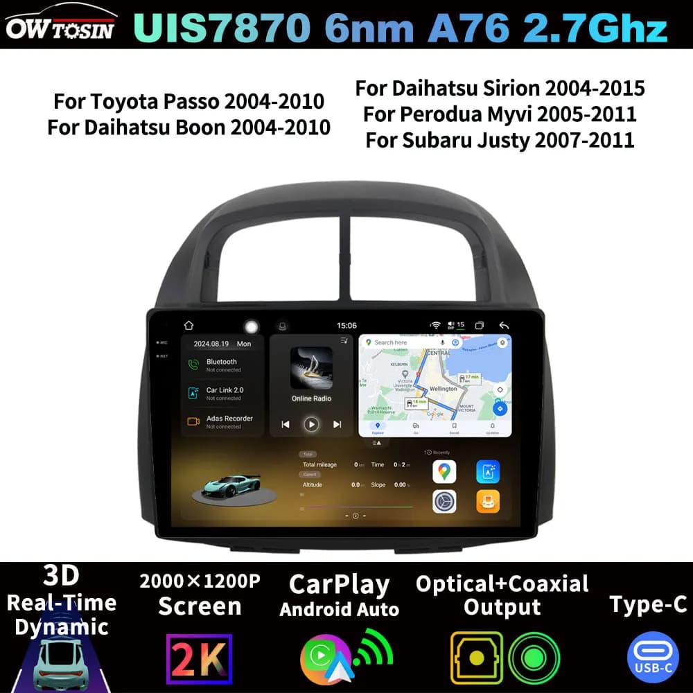 Autoradio Android FYT7870 QLED 2K con CarPlay per Toyota Passo, Daihatsu Boon, Sirion, Perodua Myvi, Subaru Justy
