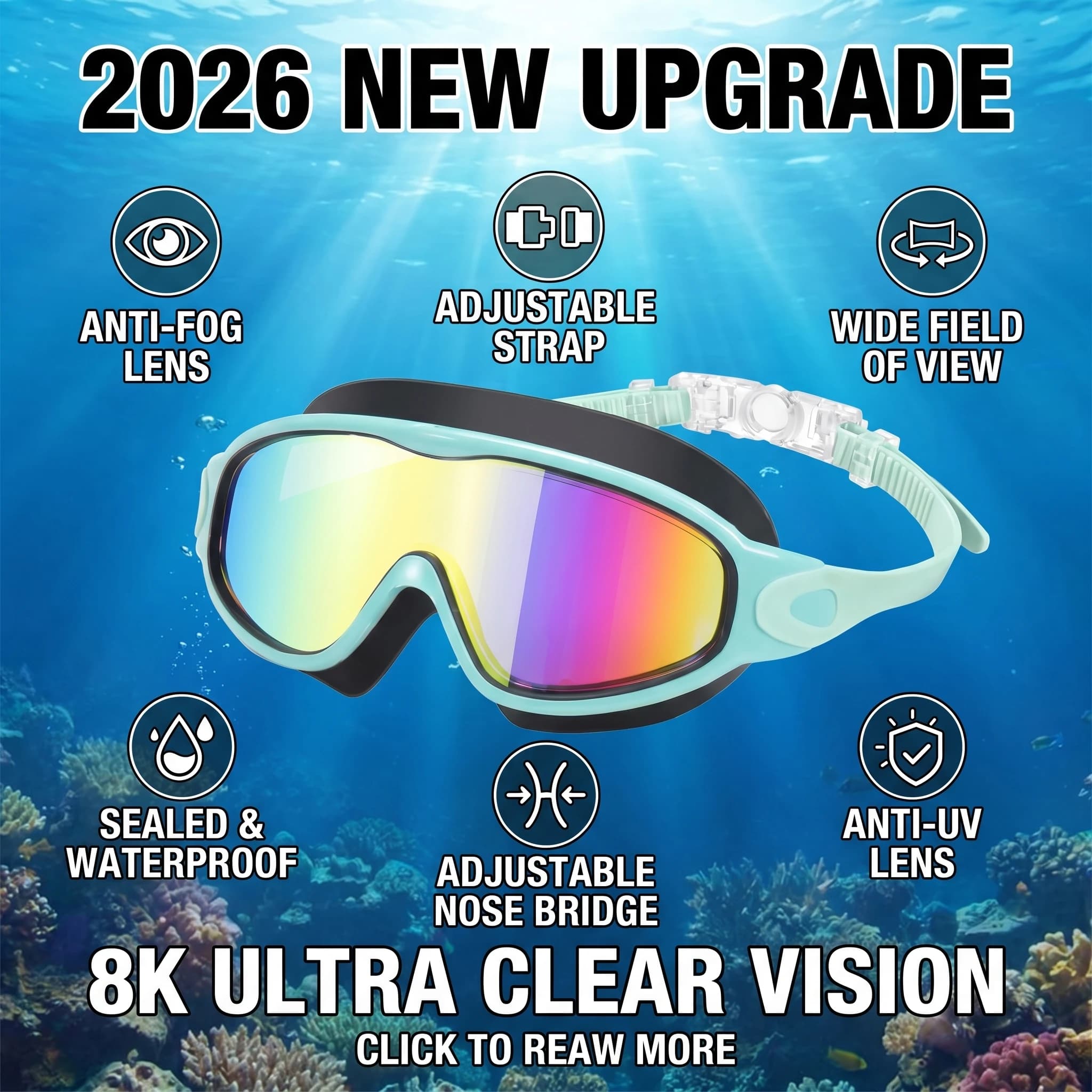 2026 New Upgrade Swim Goggles For Kids, Anti Fog UV Protection, Leakproof Wide ViewSwimming Goggles Youth Beginner