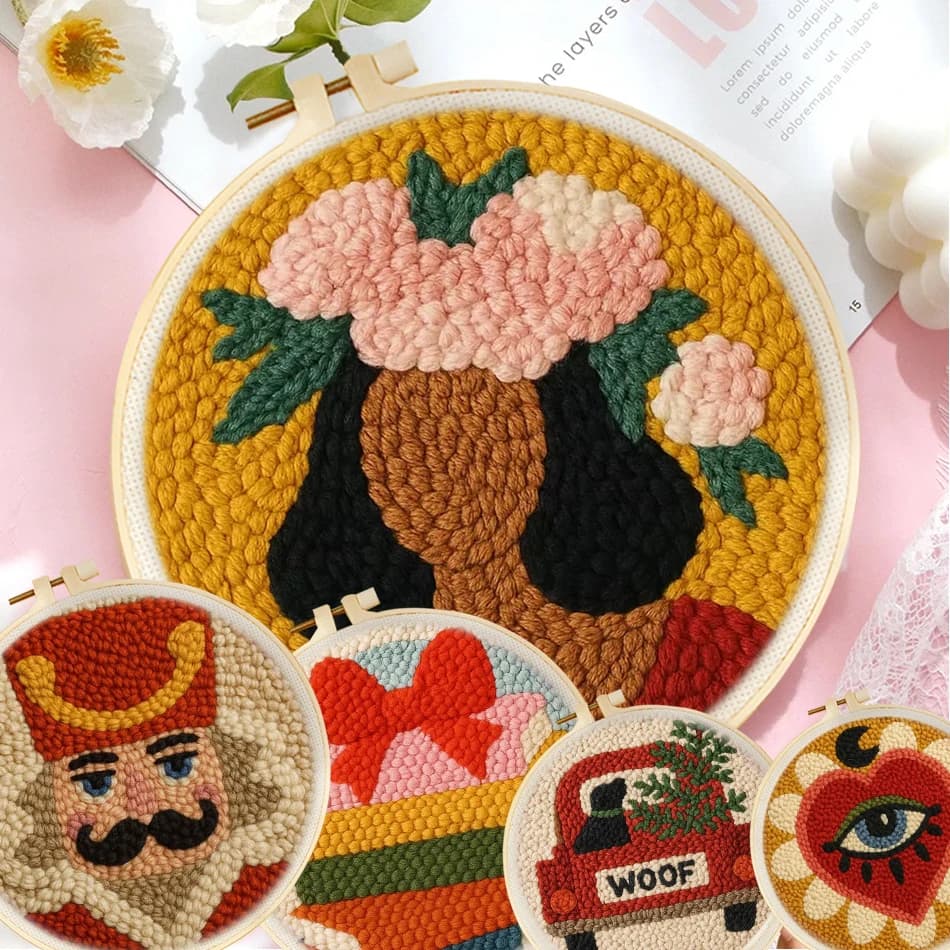 Punch Needle Starter Kits for Beginner Cute Cartoon DIY Punch Needle Kit Embroidery Hoop Craft Festival Gift and Decoration