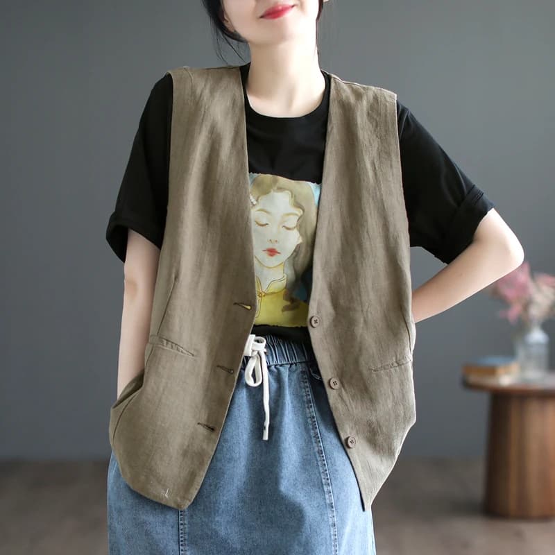 Women's Summer Thin Cotton Linen Vest Jacket Brand Tagless Outerwear V-Neck Single Button Closure Regular Length Shirt