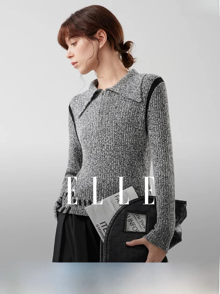 ELLE Lazy Feel Patchwork Hoodie Women's Casual Knitted Sweater Winter New Design Commute Style Loose Fit Polyester Wool Blend