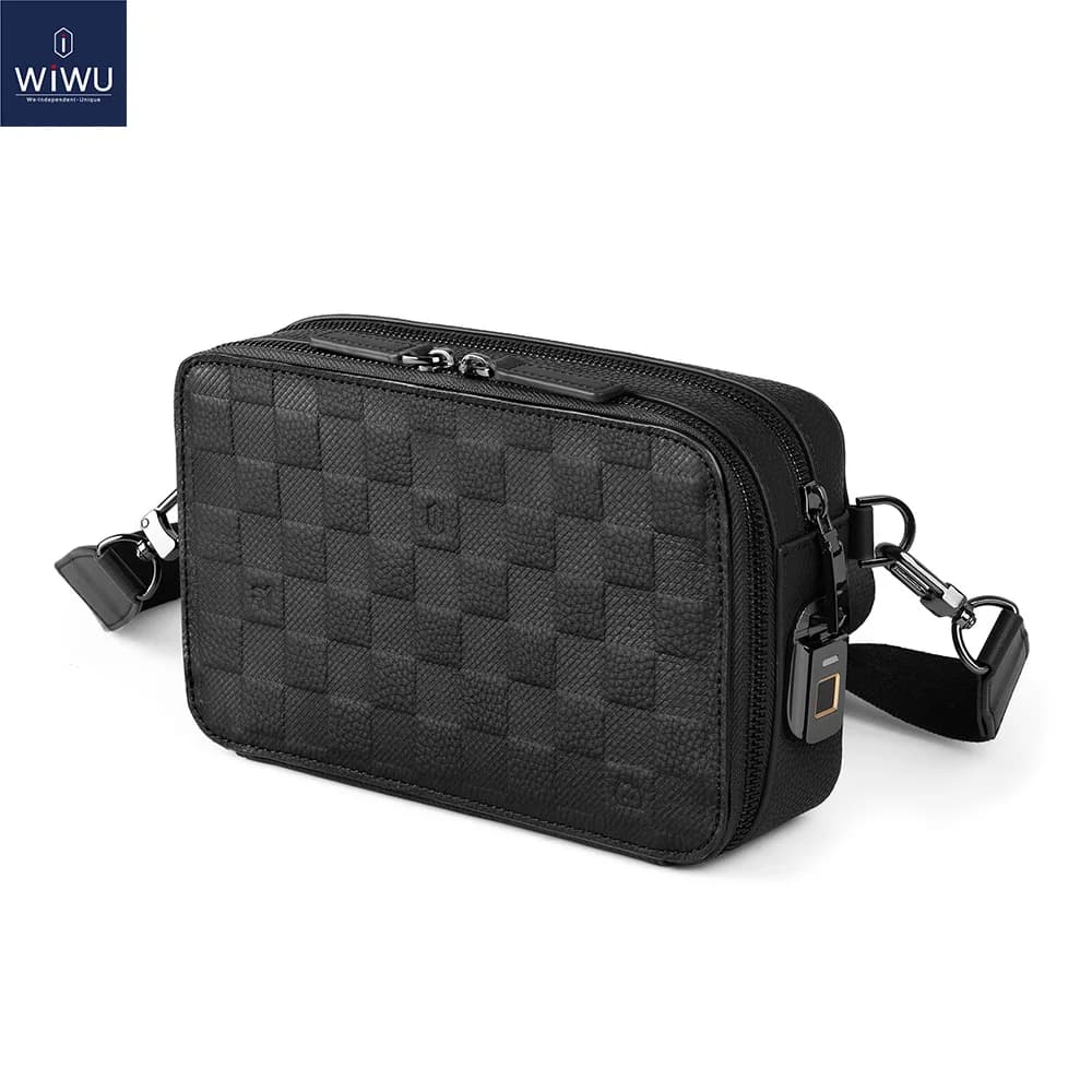 WiWU Master Genuine Leather Fingerprint Lock Crossbody Bag for iPhone 18 Pro Max Waterproof Organize Bag Case Travelling Pouch