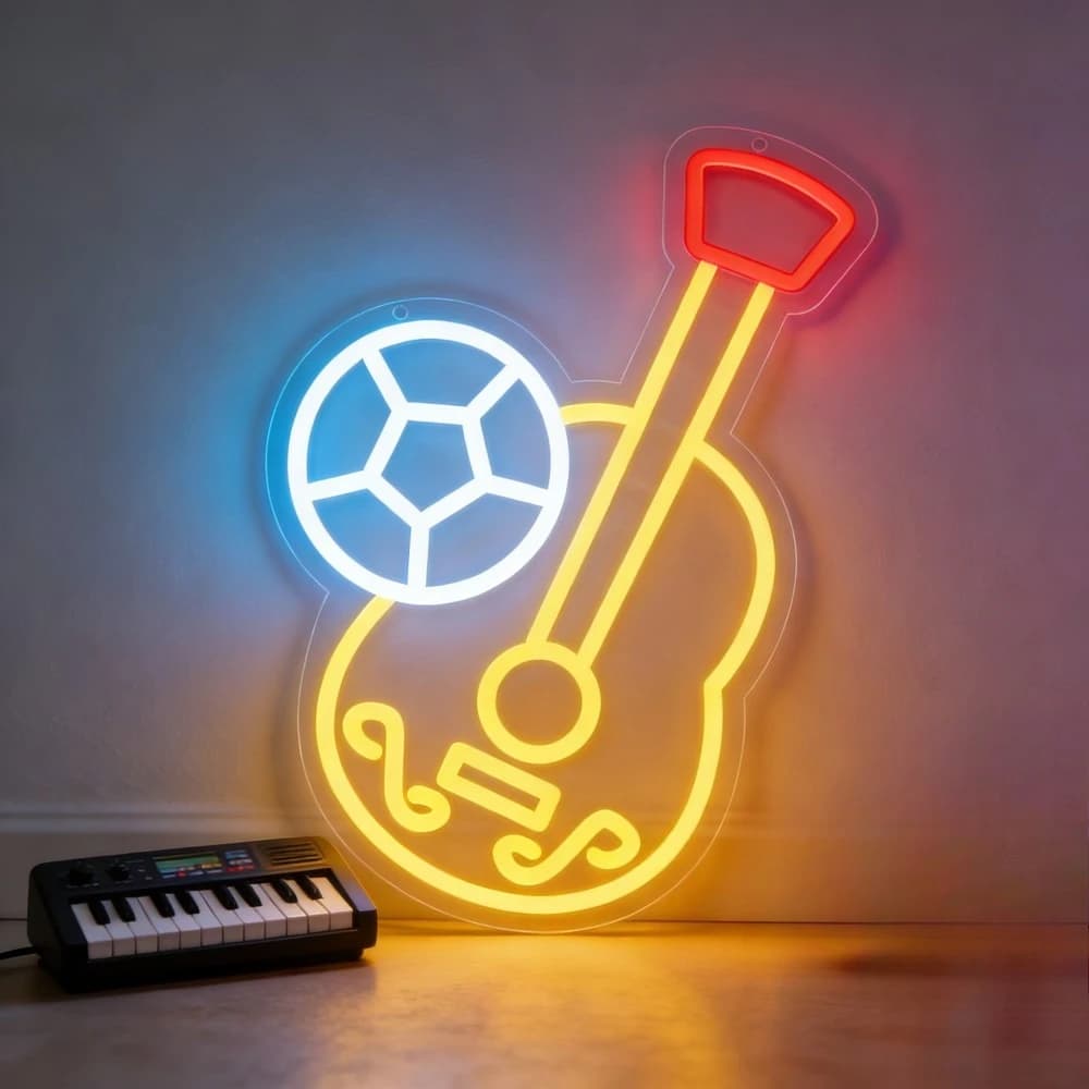 Insegna LED Neon Fusion Chitarra e Calcio per Appassionati di Musica e Sport, Decorazione Murale per Camera da Letto, Bar, Sala Giochi, Regalo Unico per Arredamento Passionale