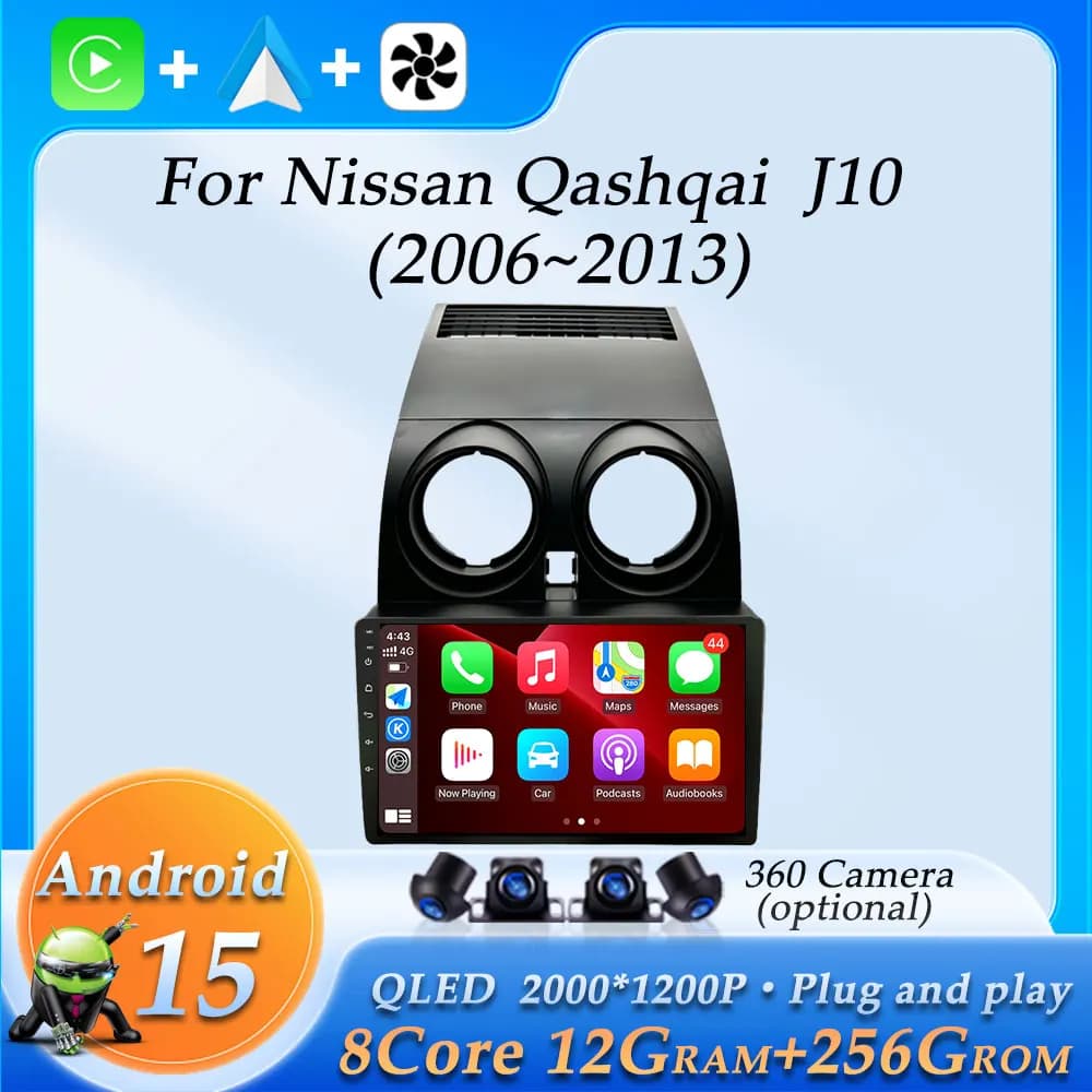 Android 15 Wireless CarPlay for Nissan Qashqai J10 2006 - 2013 Autoradio Multimedia Bluetooth WiFi 4G DSP Stereo GPS Navigation