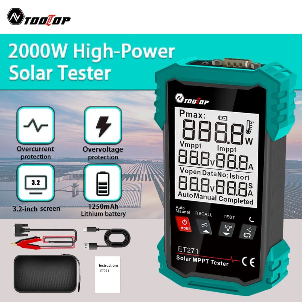 TOOLTOP Pannello solare portatile 2000W MPPT Tester Archiviazione dati Misuratore di energia solare fotovoltaica Manutenzione della batteria solare