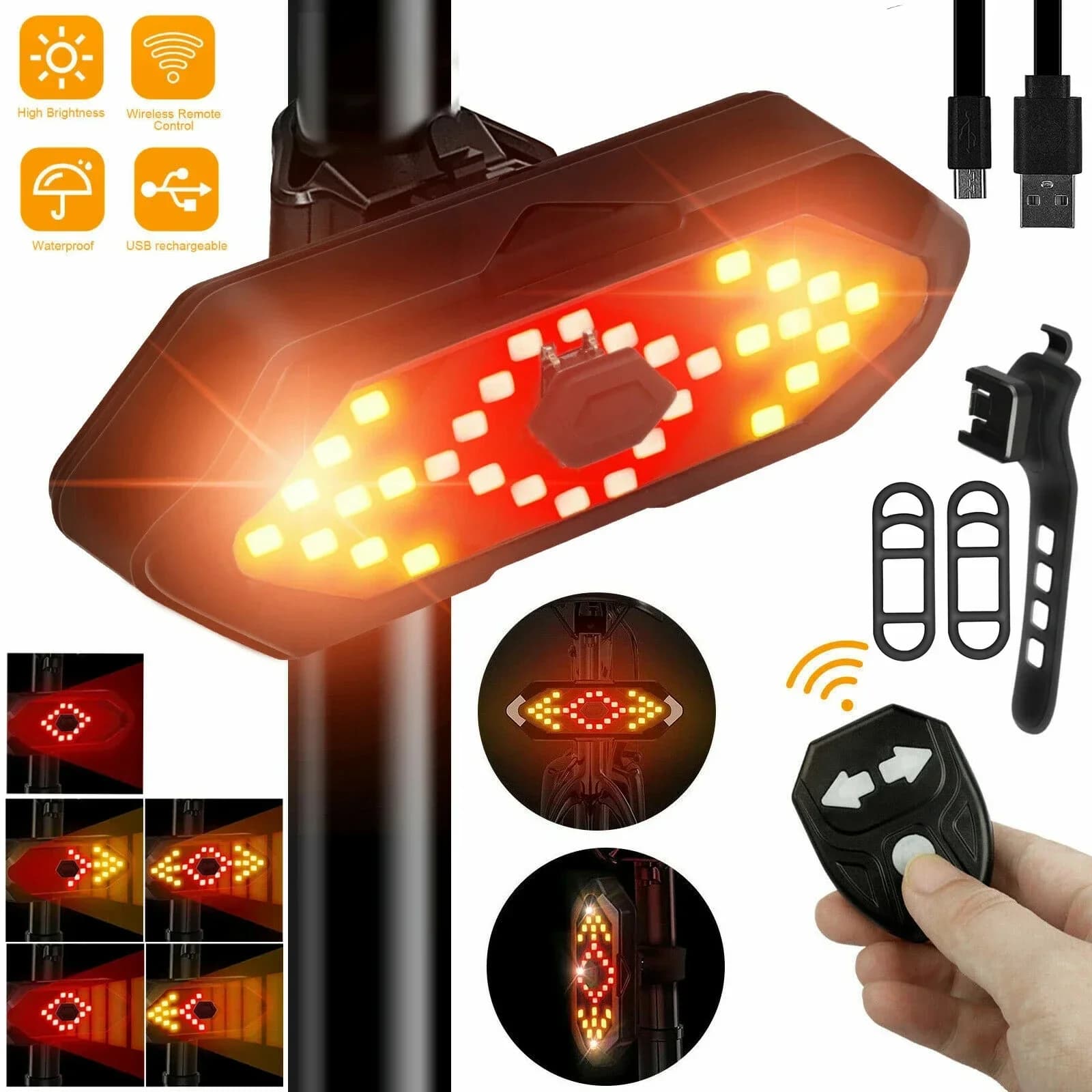 Rear light for bikes with direction indicators Wireless remote control LED bicycle rear light Rechargeable safety cycling lights via USB