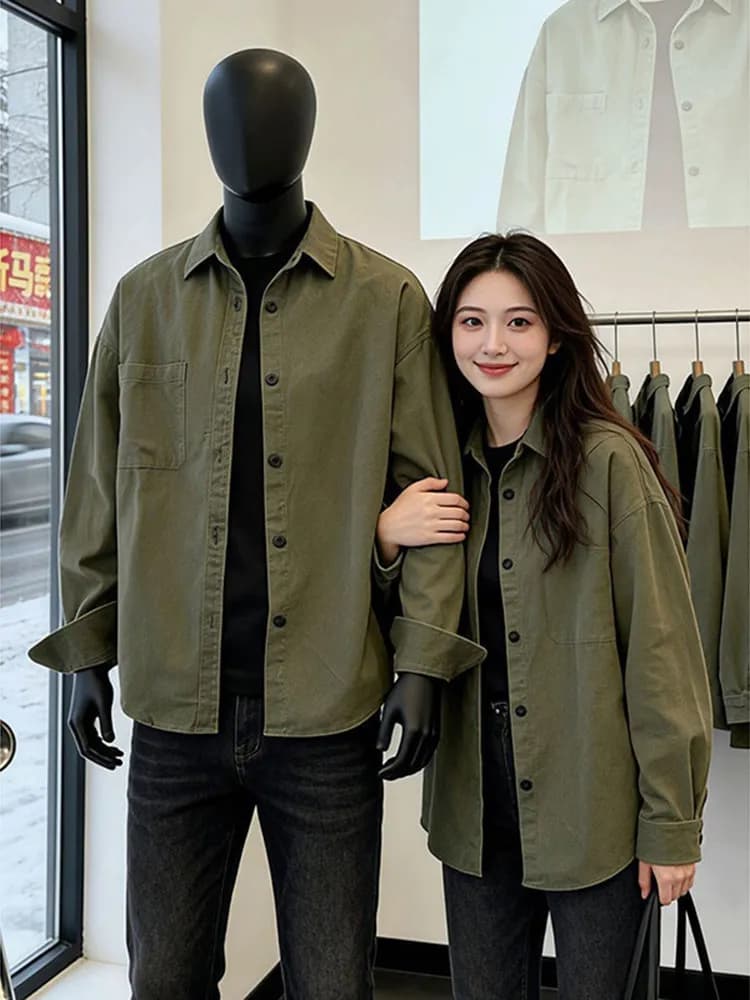 Military Green American Style Men's Casual Long Sleeve Shirt Washed Pure Cotton Spring Neutral Fashion Couple's Jacket