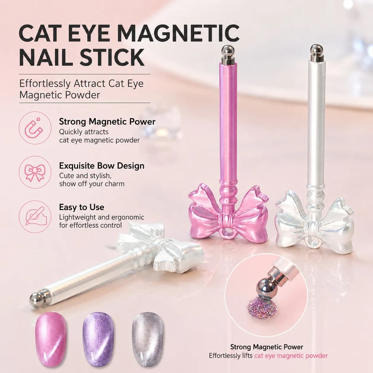 3D Printed Bow Cat Eye Magnetic Wand - Glass Bead Magnet Nail Art Tool for Cat Eye Gel