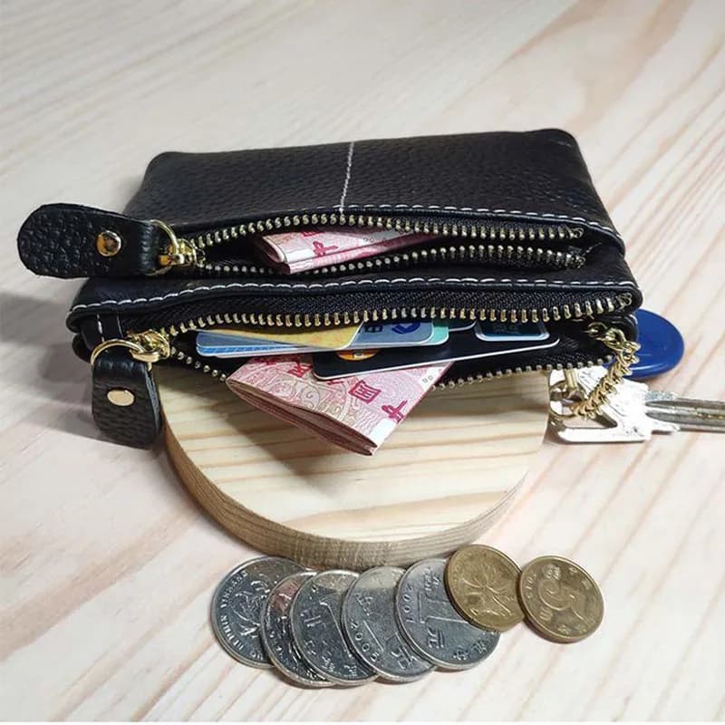 Leather Small Wallet with Keychain Multifunctional Zipper Coin Pouch Portable ID Card Change Storage Purse for Ladies