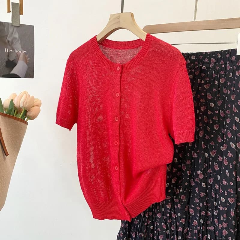 Dave&di 26 Summer New Product Mouth And Paper Yarn Solid Color Round Neck Short Sleeve Needle Open Shirt For Women Refreshing