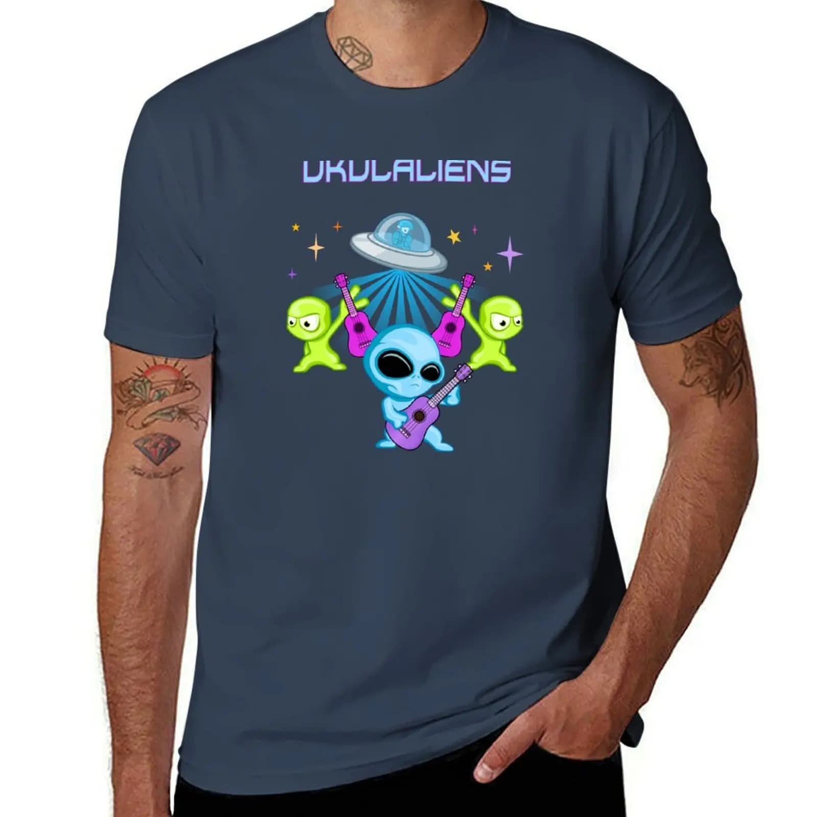 T-shirt con logo originale Ukulaliens Ukulele Club con testo, senza ferro, casual, a maniche corte