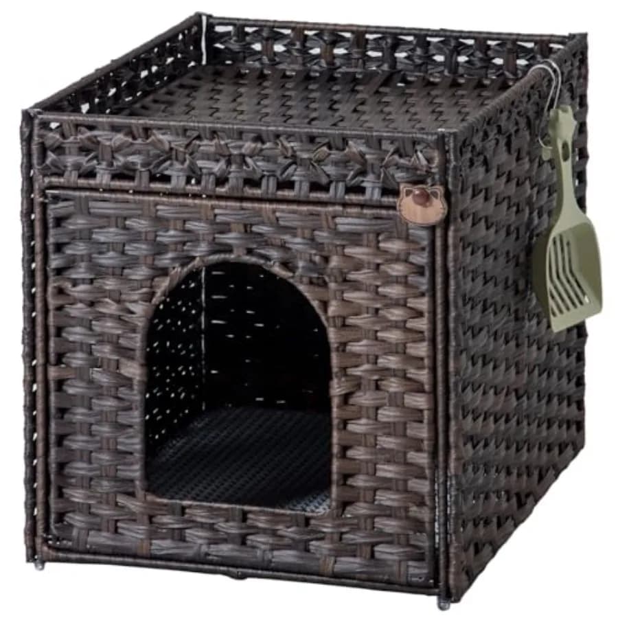 Mobiletto per lettiera per gatti, lettiera nascosta con tappetino e recinzione, casetta per gatti in rattan intrecciato a mano con due ganci a S per