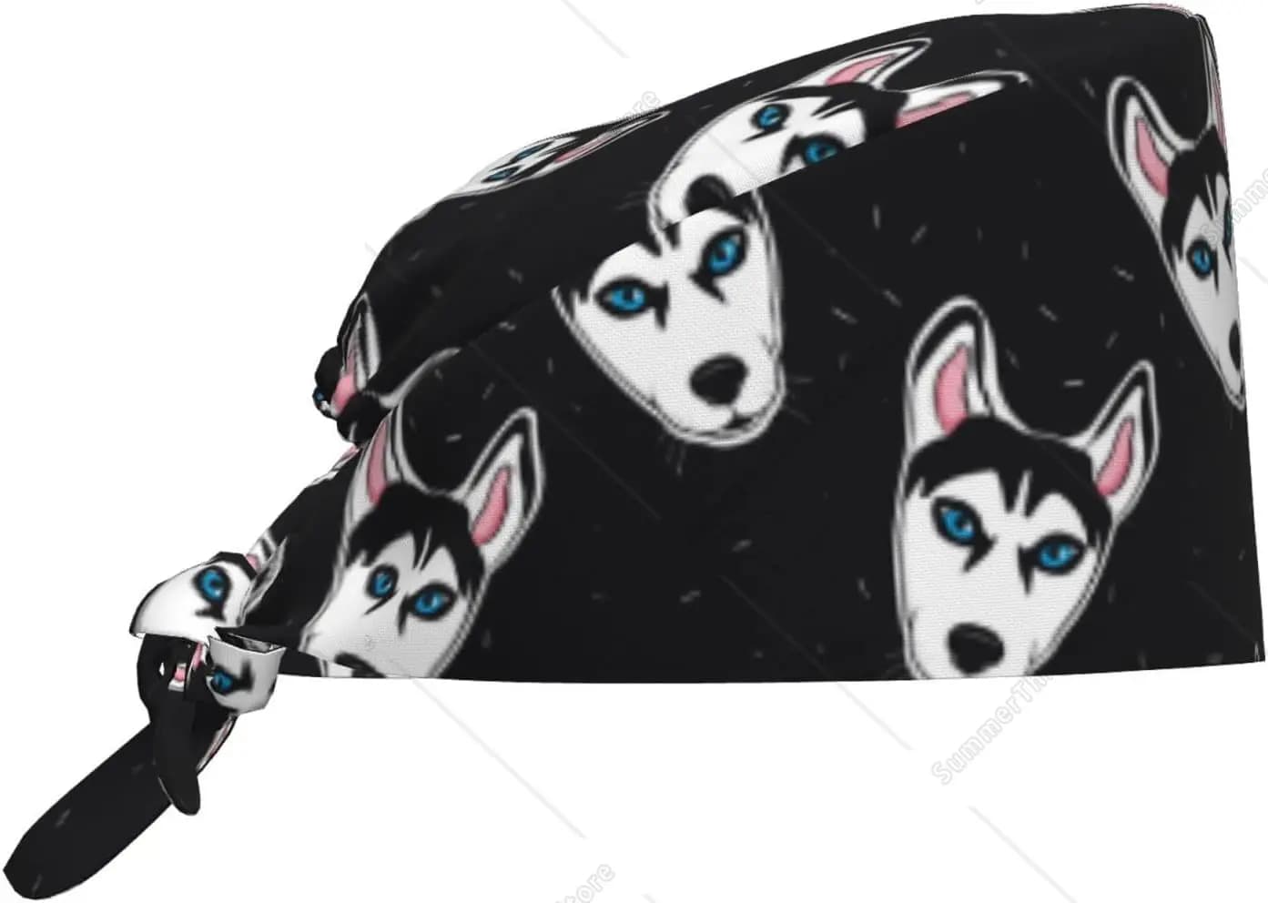 Scrub Caps Donna Uomo Simpatico cartone animato Husky Divertente lavoro Infermiera Cappelli dentali Coda di cavallo Scrub Cap Nero