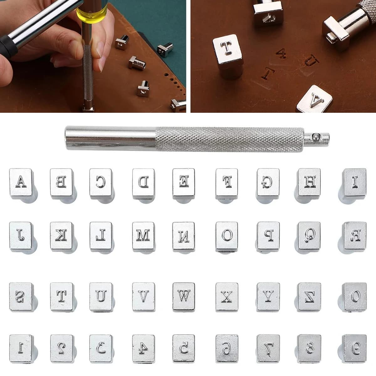 Set of 36 metal stamp punches with letters and numbers for leather work, leather punching tools with embossed alphabet, for leather belts, bags, hats, shoes, handicraft marking